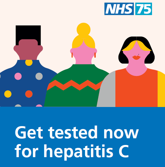 'Get tested now for hepatitis C' slogan with three cartoon people looking straight ahead