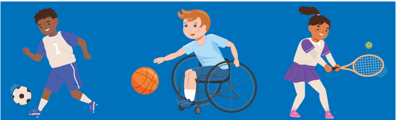A boy playing football, A boy on wheelchair playing basketball and a girl playing tennis