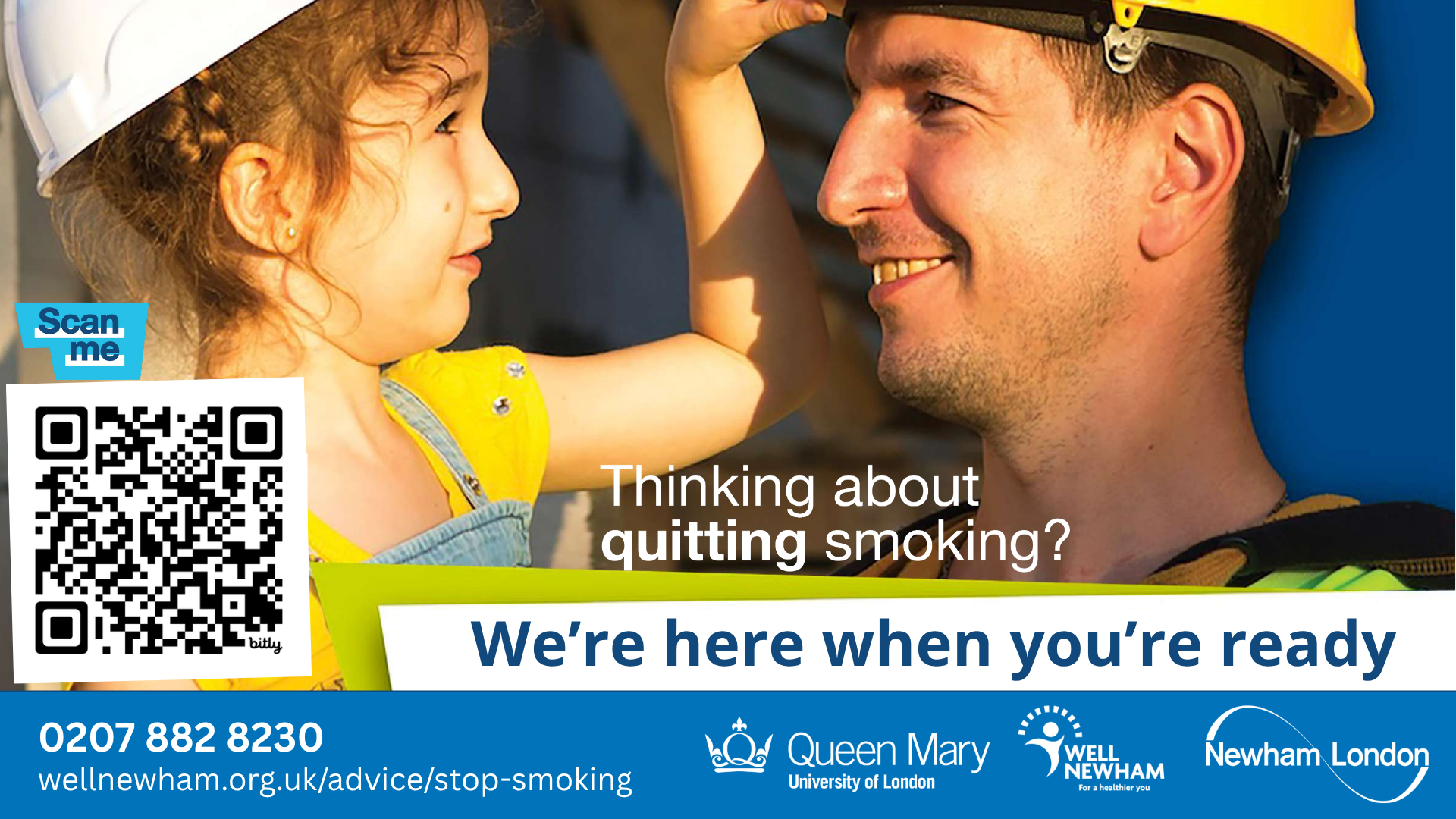 A daughter and father smiling at each other with helmets on and quit smoking information 