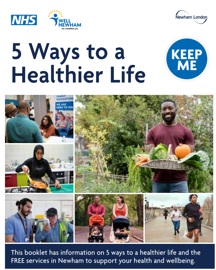 Front page of the 5 ways to a healthier life booklet with the title and pictures of cooking healthy food, people exercising etc.