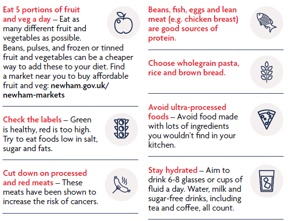 Eat 5 portions of fruit and veg a day. Check the labels. Cut down on processed and red meats. Bean, fish, eggs and lean meat (like chicken breast) are good sources of protein. Choose wholegrain pasta, rice and brown bread. Avoid ultra-processed foods. Stay hydrated.