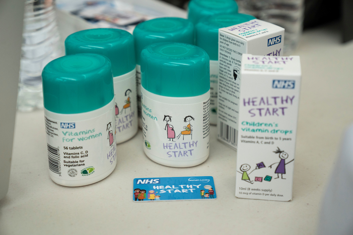 Healthy Start vitamin bottle on a white table