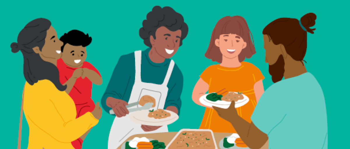 Cartoon people together enjoying a hot meal