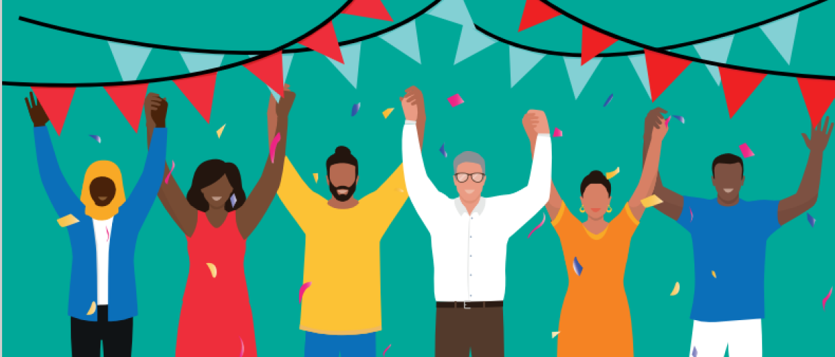 Cartoon character of people holding hands with red and white banners 