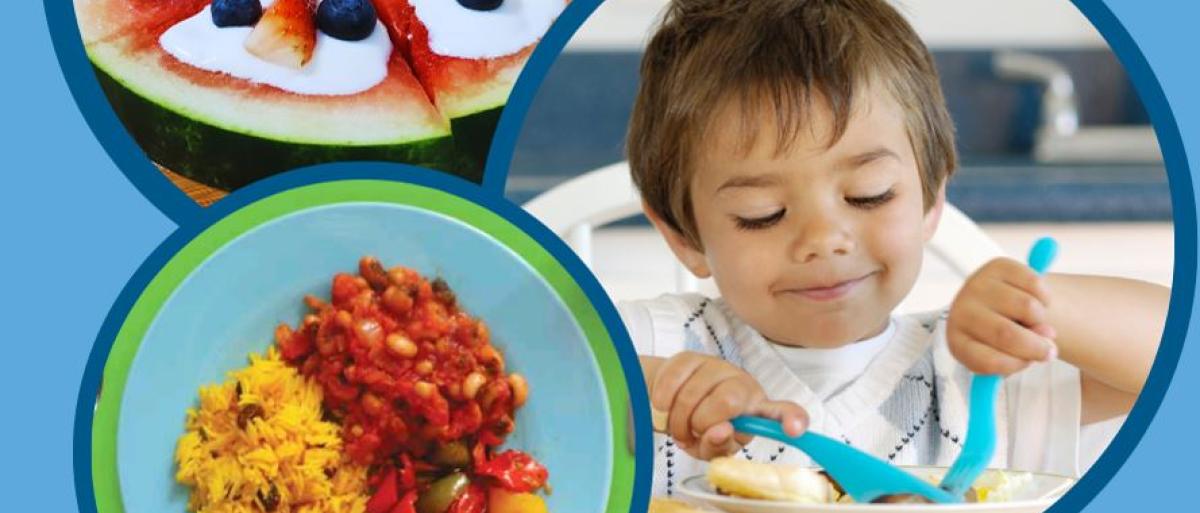 A toddler eating and pictures of healthy snacks 