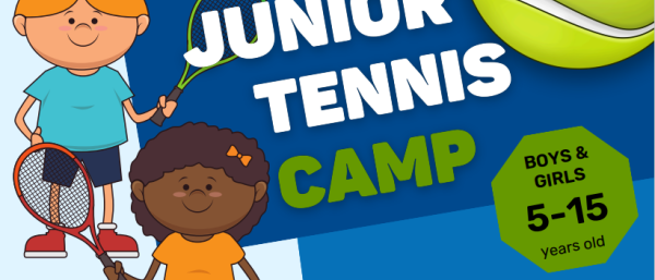 2 cartoon graphics of children holding tennis kit and event details 