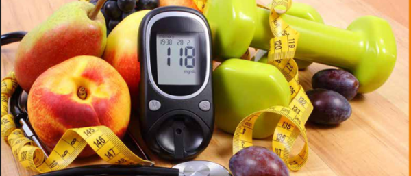 Fruit, tape rule, blood sugar monitor