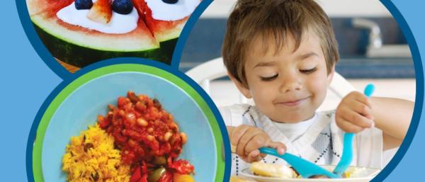 A toddler eating and pictures of healthy snacks 