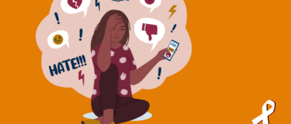 A woman holding her phone and with different hurtful words in a bubble