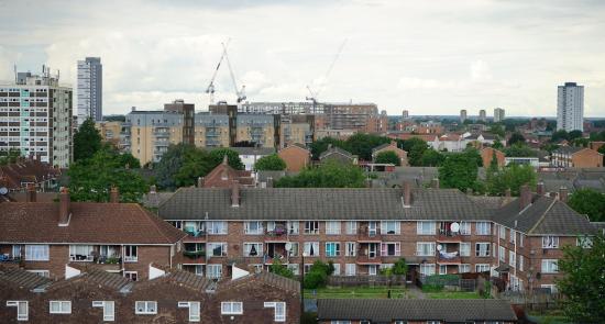 A birds eye view of a blocks of houses in London