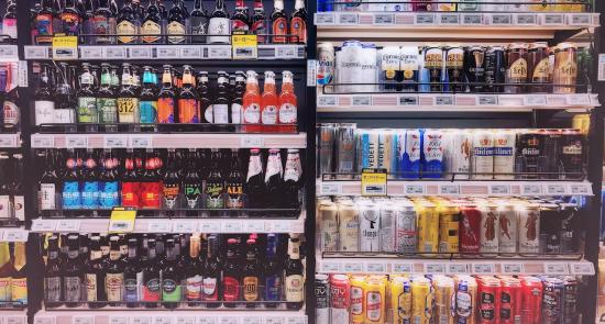 Beer on shelves in an off license