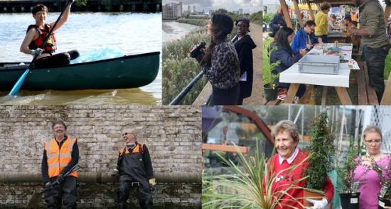 Montage of images showing people gardening, carrying plants and having fun together