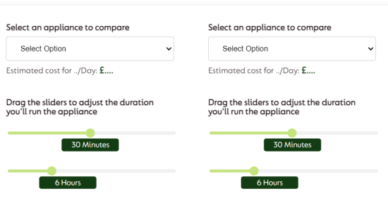 Screenshot showing Go Compare's energy calculator where you can select a type of appliance and how long you use it for to calculate the energy cost it takes to run